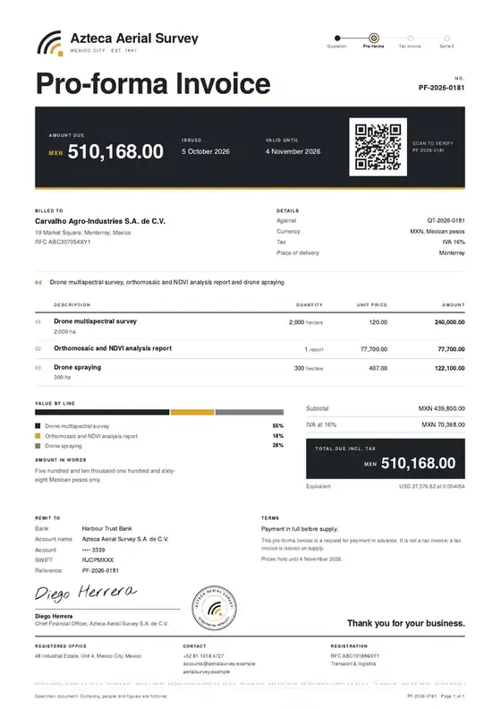 Invoices, Drone services operator: finished specimen shown whole