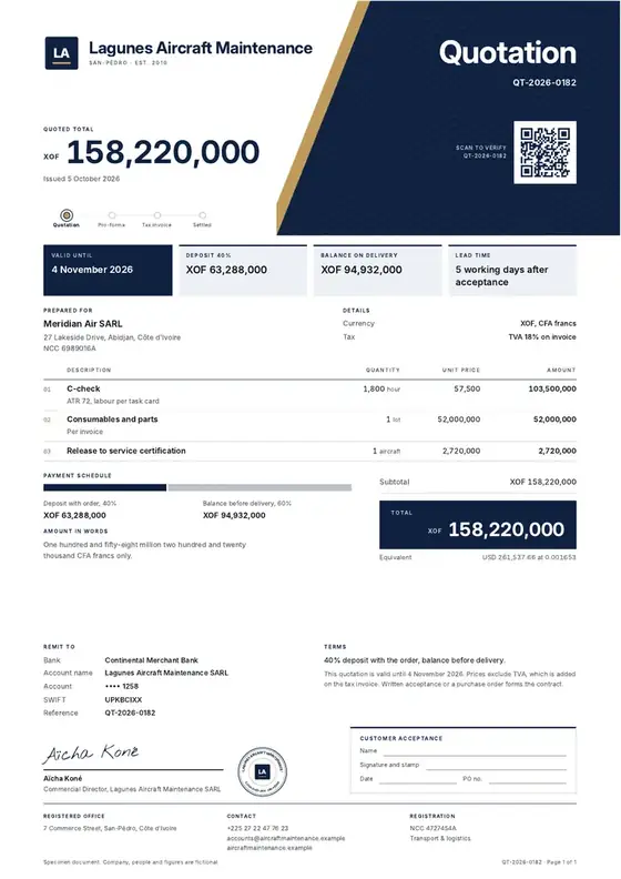 Invoices, Aircraft maintenance organisation: finished specimen shown whole