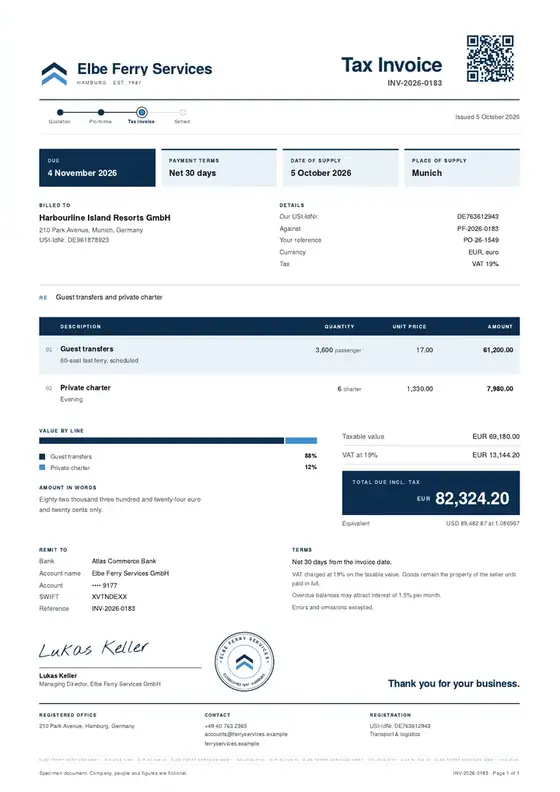 Invoices, Ferry and marine passenger transport: finished specimen shown whole