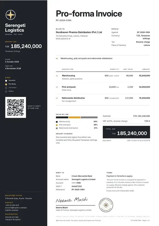 Invoices, Warehousing and 3PL logistics: finished specimen shown whole
