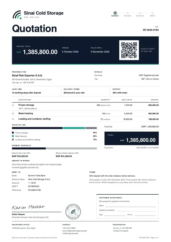 Invoices, Cold storage facility: finished specimen shown whole