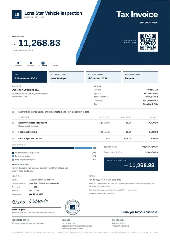Invoices, Vehicle inspection centre: finished specimen shown whole