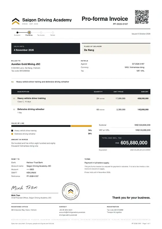 Invoices, Driving school: finished specimen shown whole