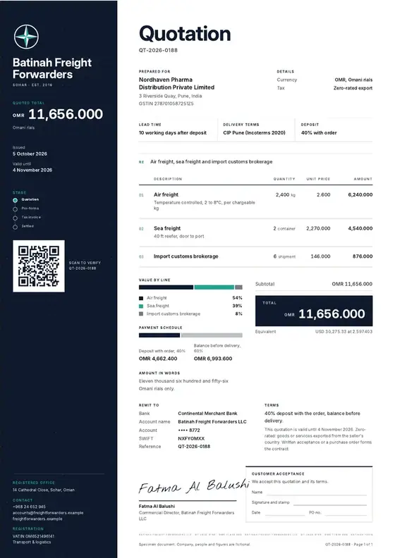 Invoices, Freight forwarding (air and sea): finished specimen shown whole