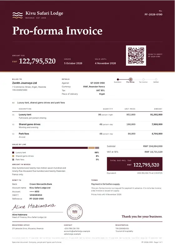 Invoices, Lodge or tented camp in a protected area: finished specimen shown whole