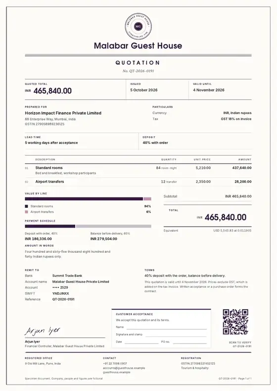 Invoices, Guest house and B&B: finished specimen shown whole