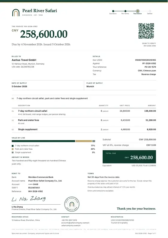 Invoices, Tour operator: safari: finished specimen shown whole