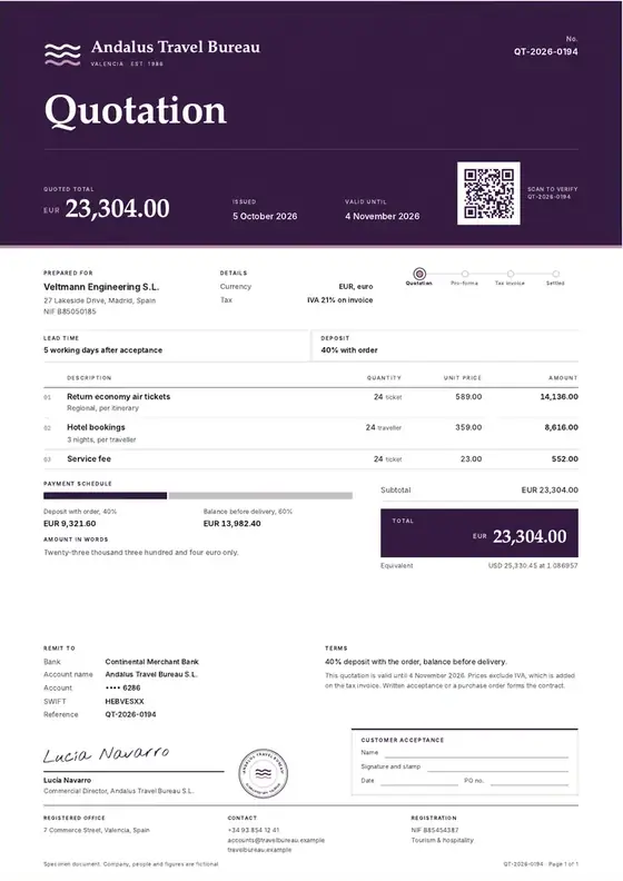 Invoices, Travel agency: finished specimen shown whole