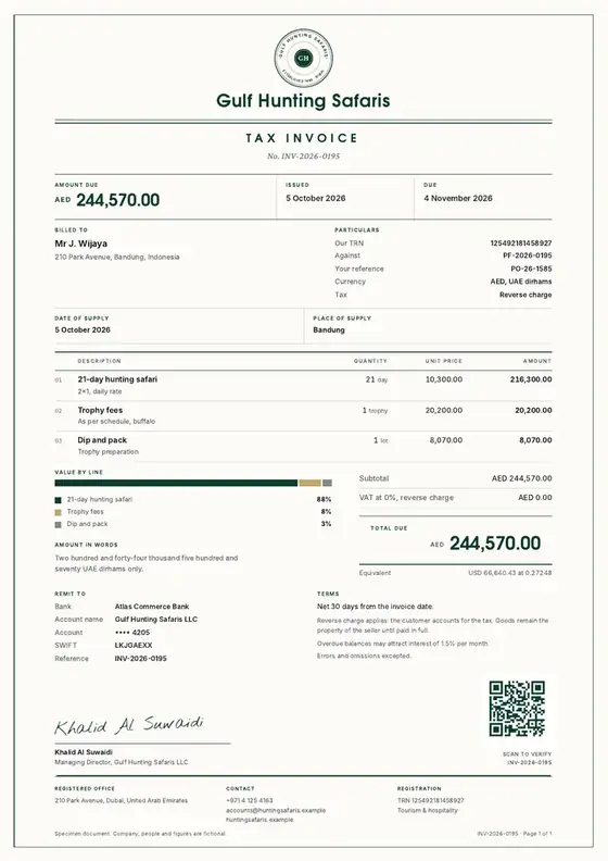 Invoices, Hunting outfitter: finished specimen shown whole
