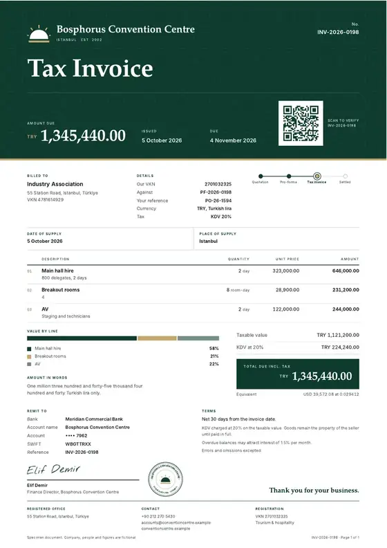 Invoices, Event venue and conference centre: finished specimen shown whole