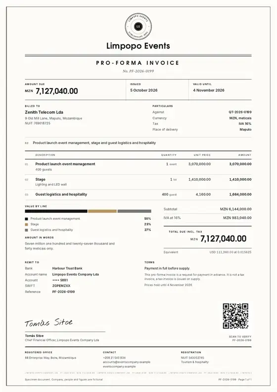 Invoices, Event management company: finished specimen shown whole