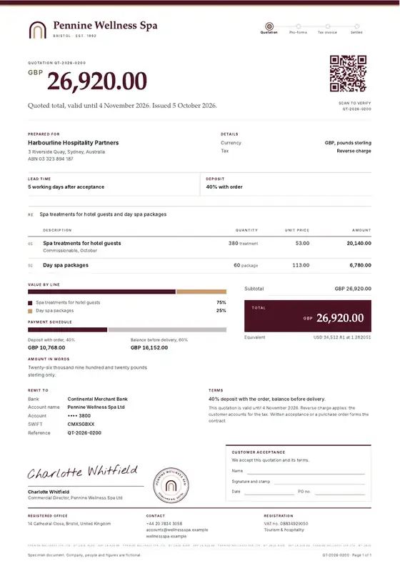 Invoices, Spa and wellness centre: finished specimen shown whole