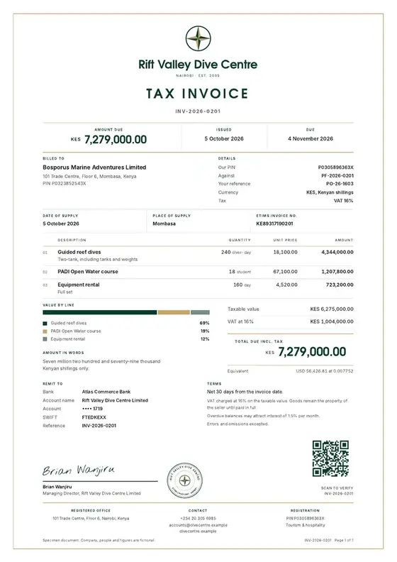 Invoices, Diving and water sports operator: finished specimen shown whole