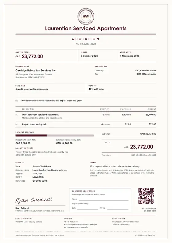 Invoices: Short-stay apartments