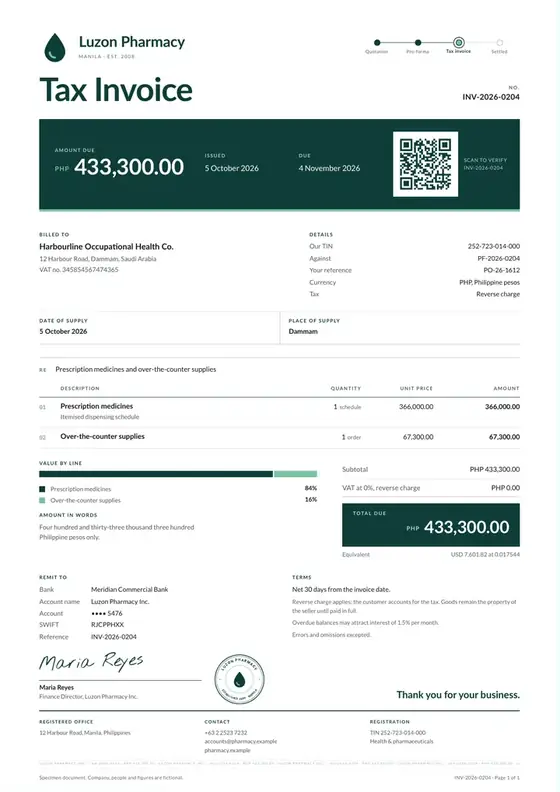 Invoices, Retail pharmacy: finished specimen shown whole