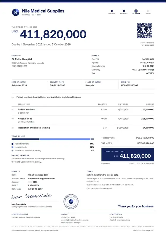 Invoices, Medical devices import and distribution: finished specimen shown whole