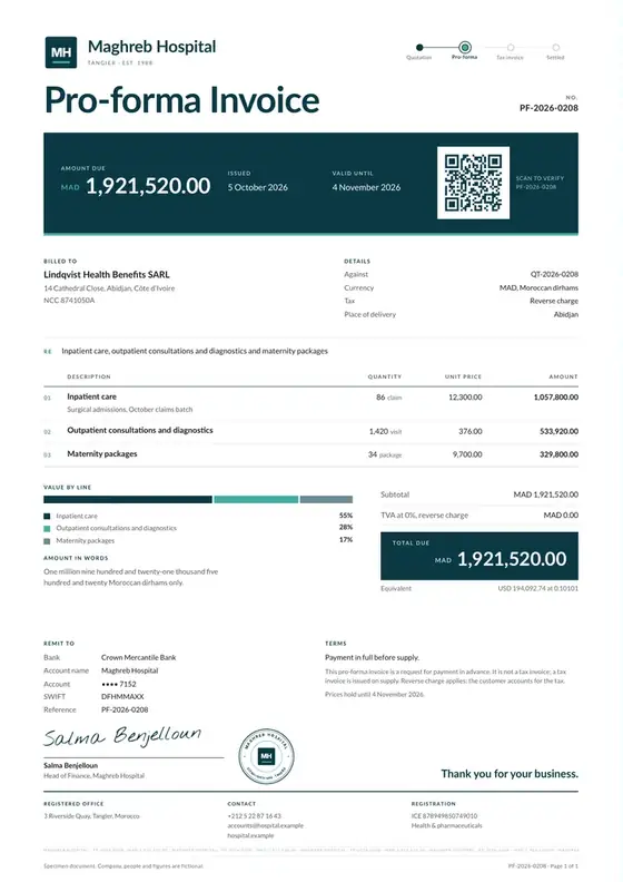 Invoices, Private hospital: finished specimen shown whole