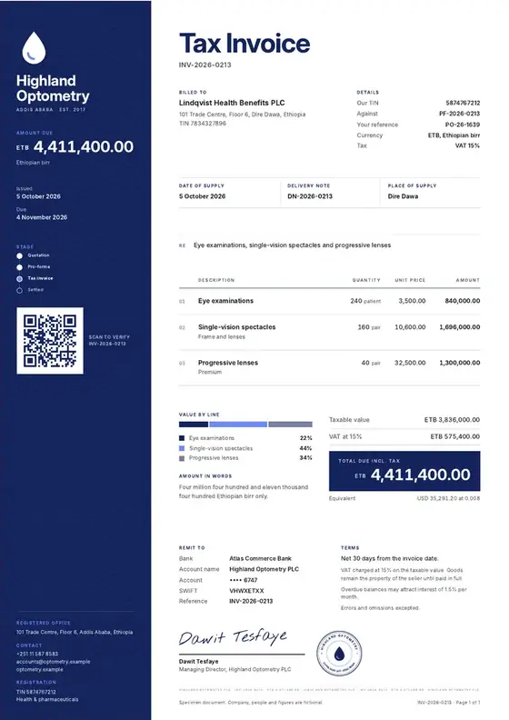 Invoices, Optical shop and optometry: finished specimen shown whole