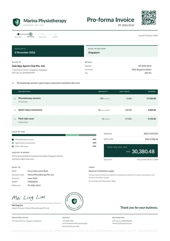 Invoices, Physiotherapy clinic: finished specimen shown whole