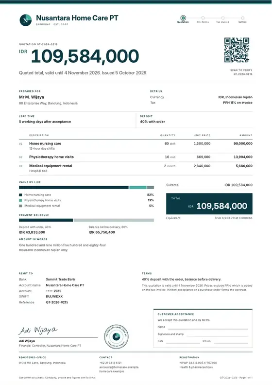 Invoices, Home-based care services: finished specimen shown whole