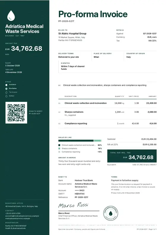 Invoices, Medical waste management: finished specimen shown whole