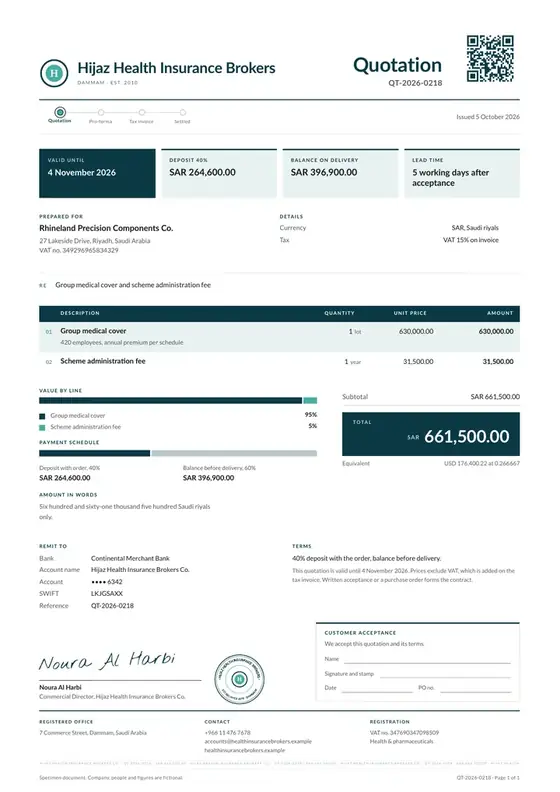Invoices, Health insurance agency: finished specimen shown whole