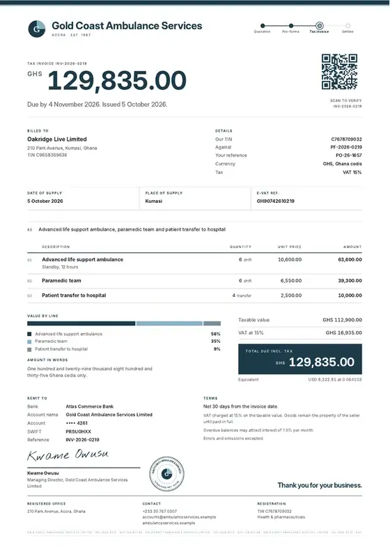 Invoices, Ambulance services: finished specimen shown whole
