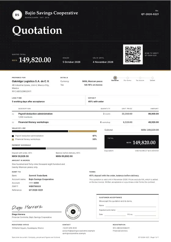 Invoices, Savings and credit cooperative: finished specimen shown whole