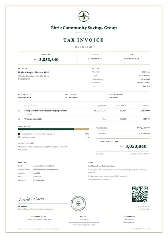 Invoices, Community savings group: finished specimen shown whole