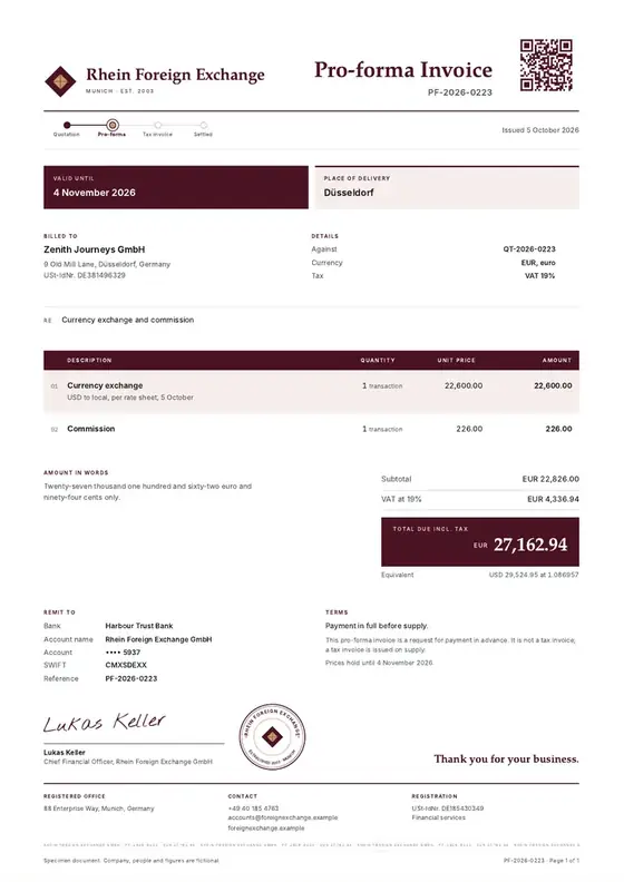 Invoices, Bureau de change: finished specimen shown whole