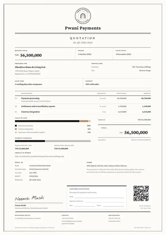 Invoices, Payment service provider: finished specimen shown whole