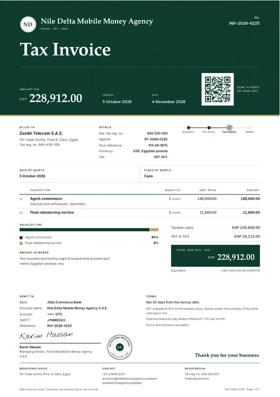 Invoices, Mobile money agency: finished specimen shown whole