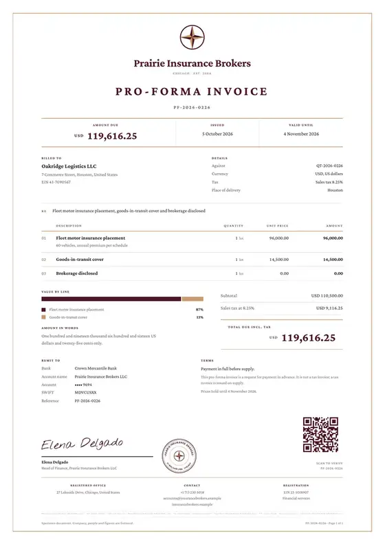 Invoices, Insurance broker: finished specimen shown whole