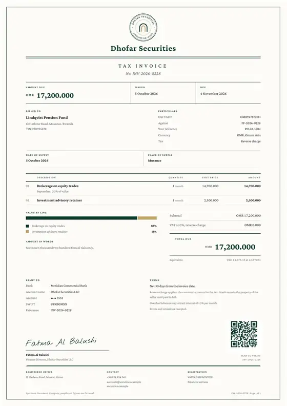Invoices, Capital markets dealer or adviser: finished specimen shown whole