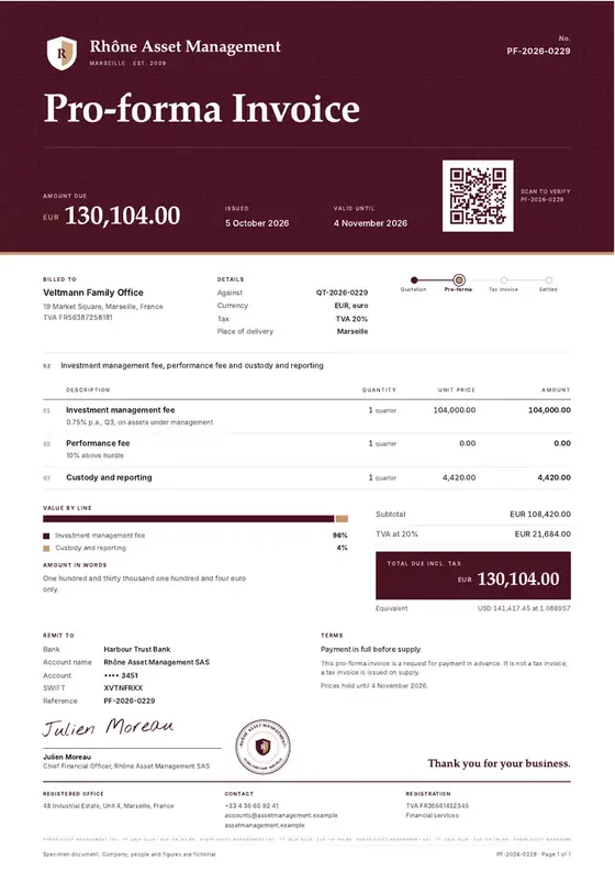 Invoices, Fund manager: finished specimen shown whole