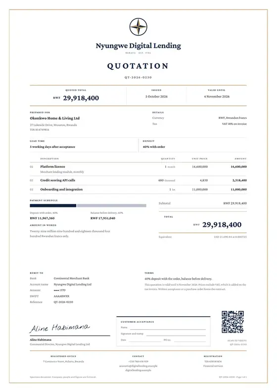 Invoices, Fintech lending platform: finished specimen shown whole