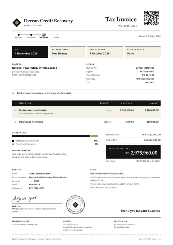 Invoices, Debt collection agency: finished specimen shown whole
