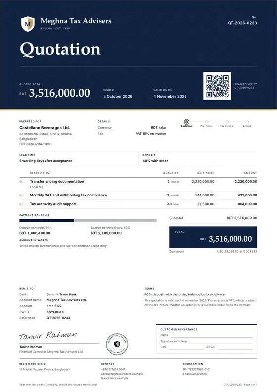 Invoices, Tax consultancy: finished specimen shown whole