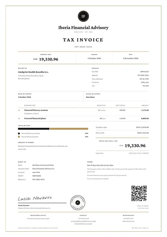Invoices, Financial education and advisory: finished specimen shown whole