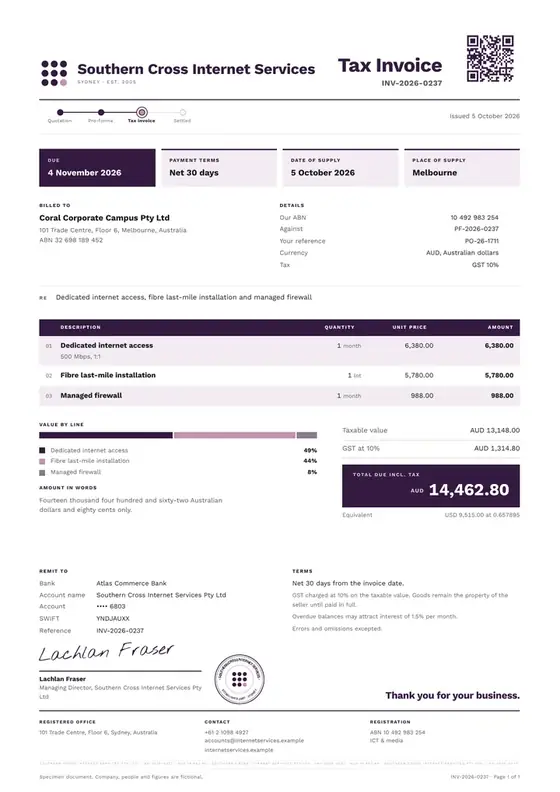 Invoices, Internet service provider: finished specimen shown whole