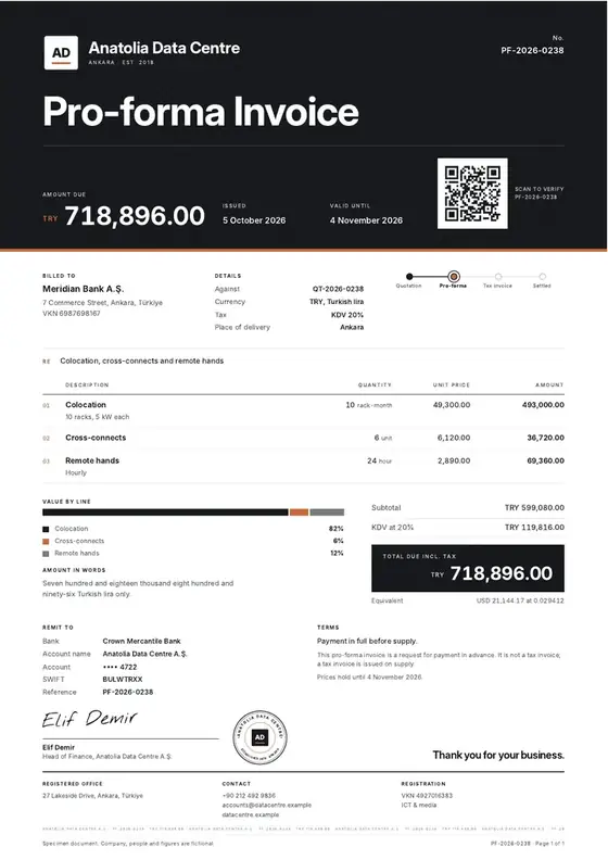 Invoices, Data centre and cloud hosting: finished specimen shown whole