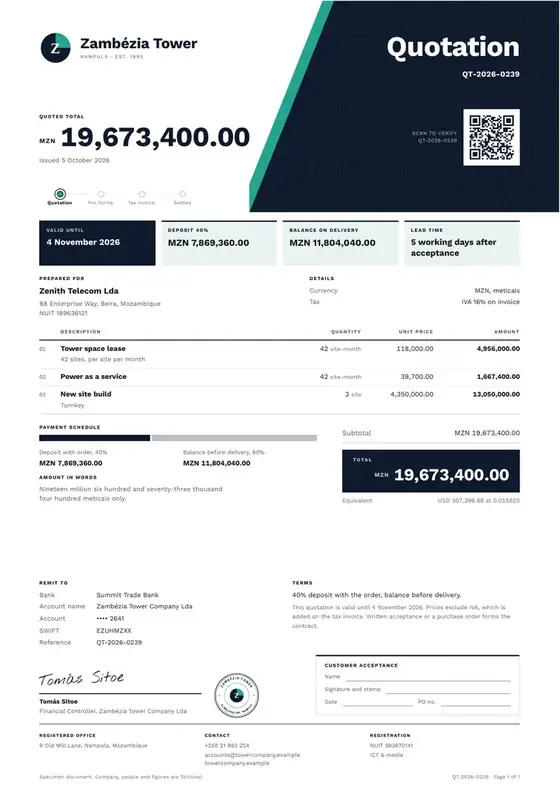 Invoices, Telecom tower services: finished specimen shown whole