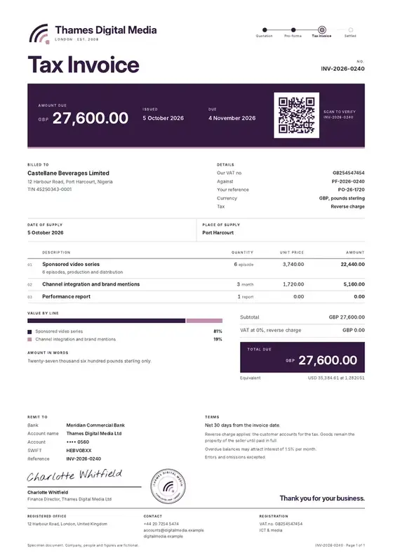 Invoices, Online content service (blog, YouTube, streaming): finished specimen shown whole