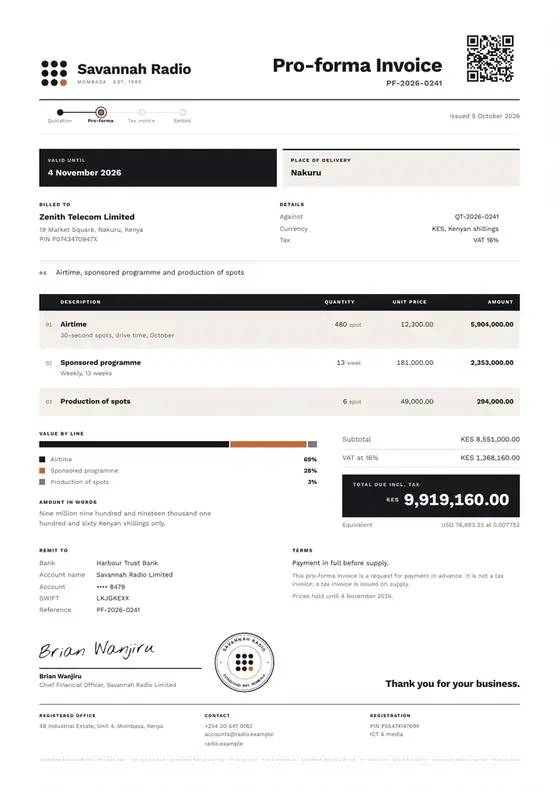 Invoices, Radio station: finished specimen shown whole