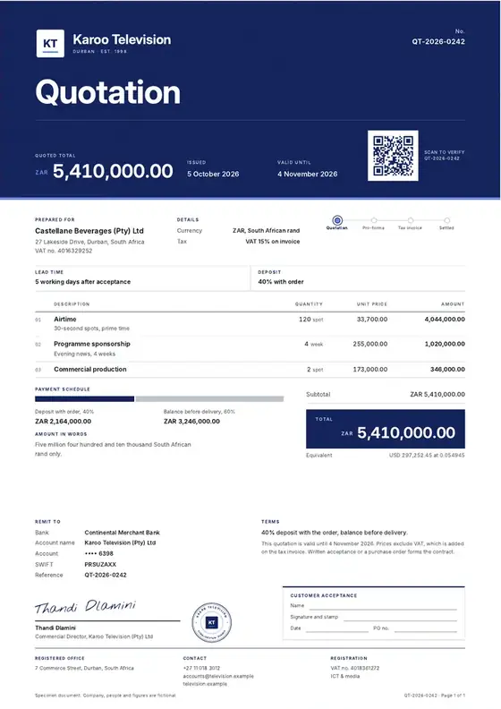 Invoices, Television station: finished specimen shown whole