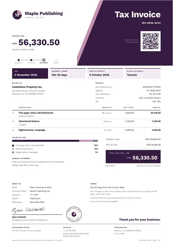 Invoices, Newspaper and magazine publishing: finished specimen shown whole