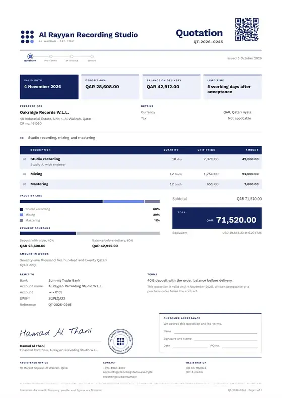 Invoices, Music recording studio: finished specimen shown whole