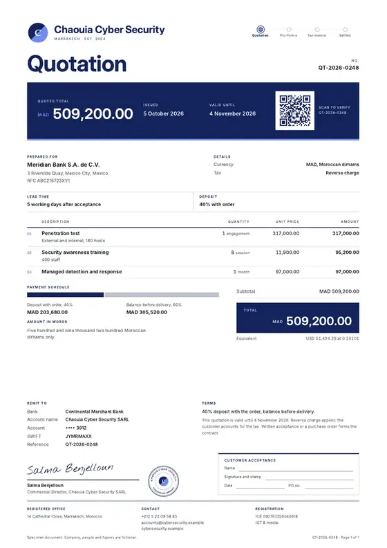Invoices, Cybersecurity services: finished specimen shown whole