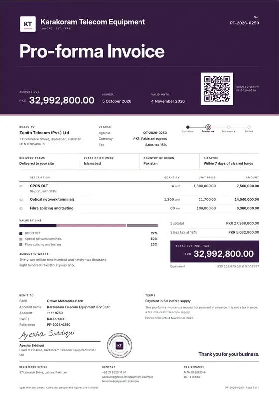 Invoices, Electronic communication equipment dealer: finished specimen shown whole