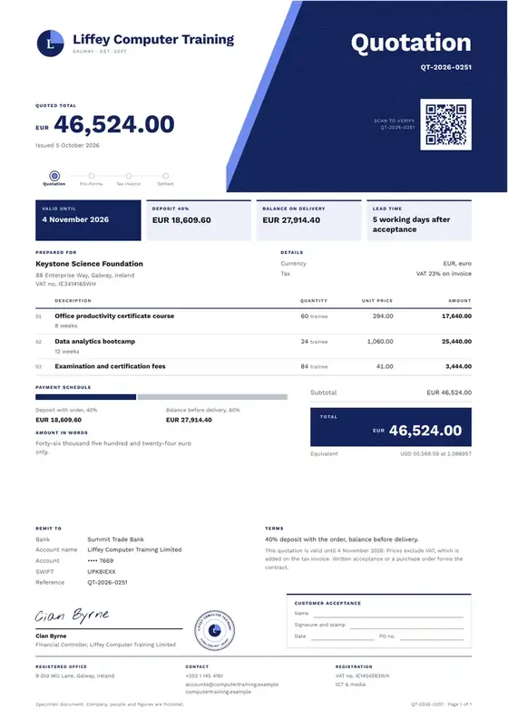 Invoices, Computer training centre: finished specimen shown whole